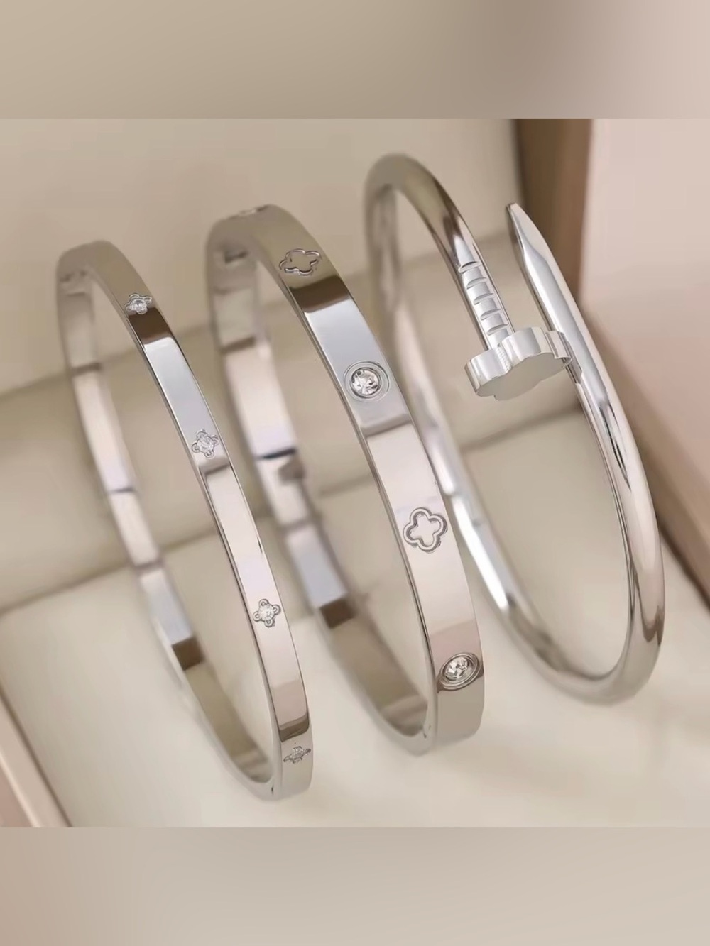 Macy's Polished Silver-Tone Floral & Nail Motif Bangle Set
